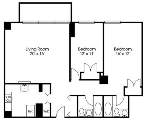 Floor plan for 2 beds, 2 baths, 1020 sqft